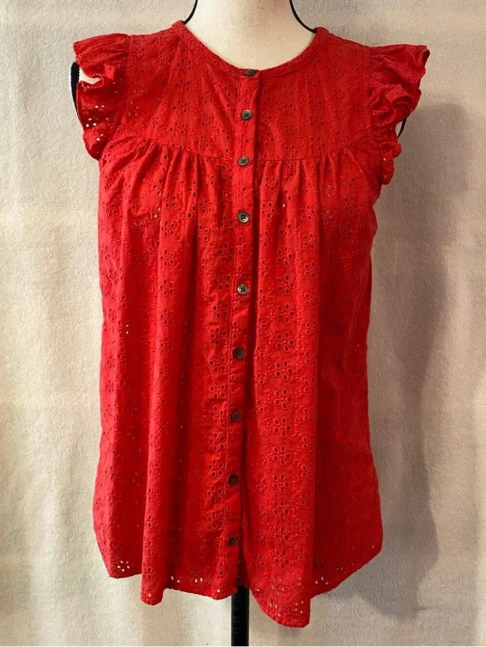 Madewell red ruffle sleeve cotton floral eyelet bib top button down blouse